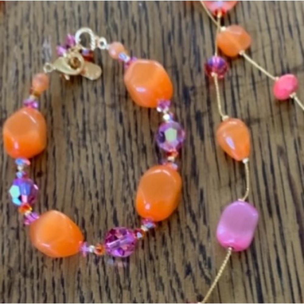 Orange and Pink Beaded Illusion Necklace and Bracelet Set by Dabby Reid Ltd.